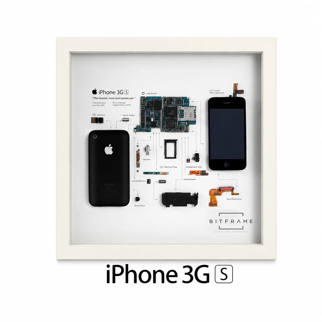Cuadro BITFRAME del iPhone 3GS desmontado con marco blanco