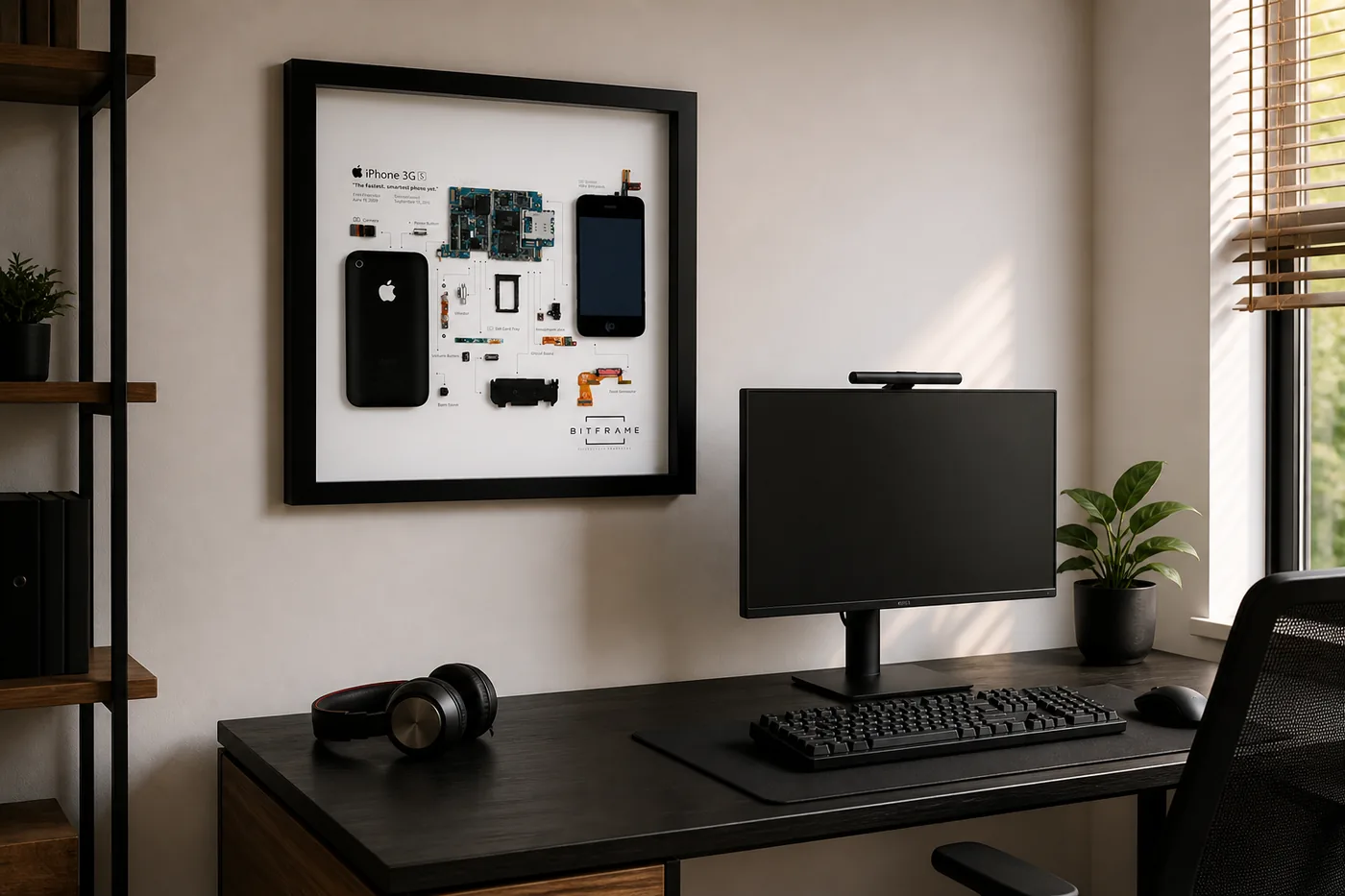 Cuadro tecnológico BITFRAME iPhone 3GS en un espacio de trabajo