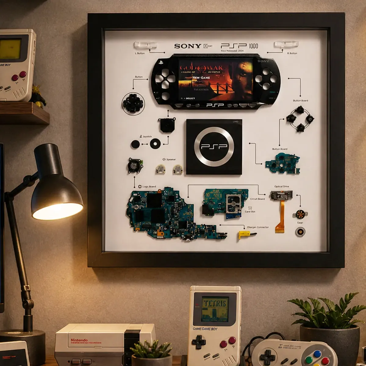 Cuadro BITFRAME PSP 1000 en una habitación dedicada a videojuegos retro