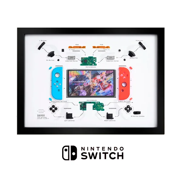 Cuadro BITFRAME Nintendo Switch con los Joy-Con y sus componentes desmontados y enmarcados